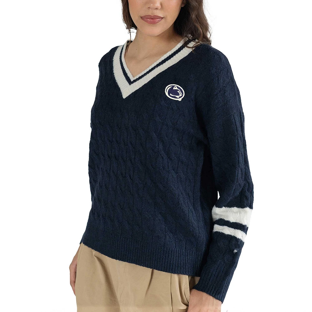 Pull col V en maille torsadée Stella pour femme de Lusso Navy Penn State Nittany Lions