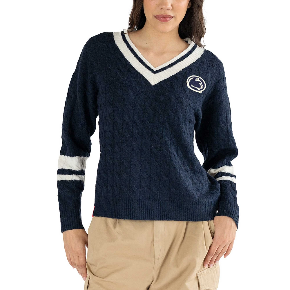 Women's Lusso Navy Penn State Nittany Lions Stella Cable Knit V-Neck Pullover Sweater