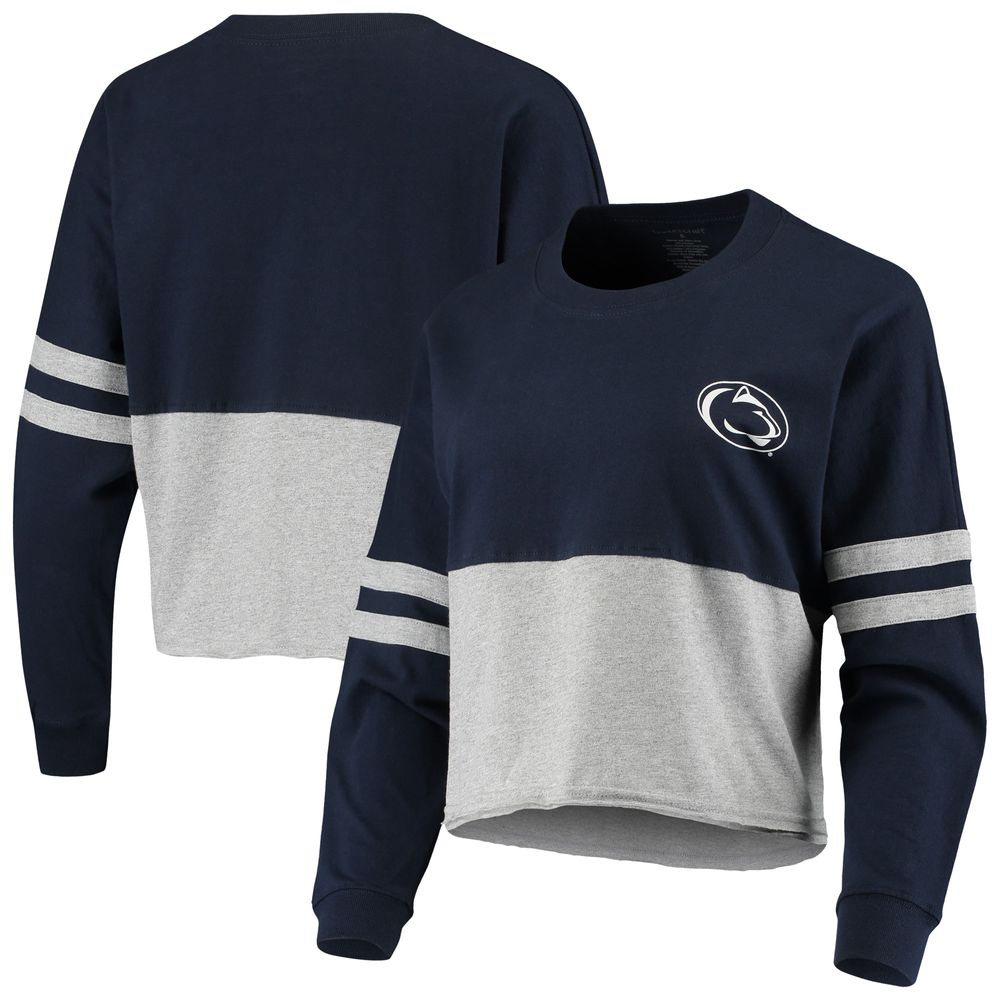 Women's Navy/Heathered Gray Penn State Nittany Lions Cropped Retro Jersey Long Sleeve T-Shirt