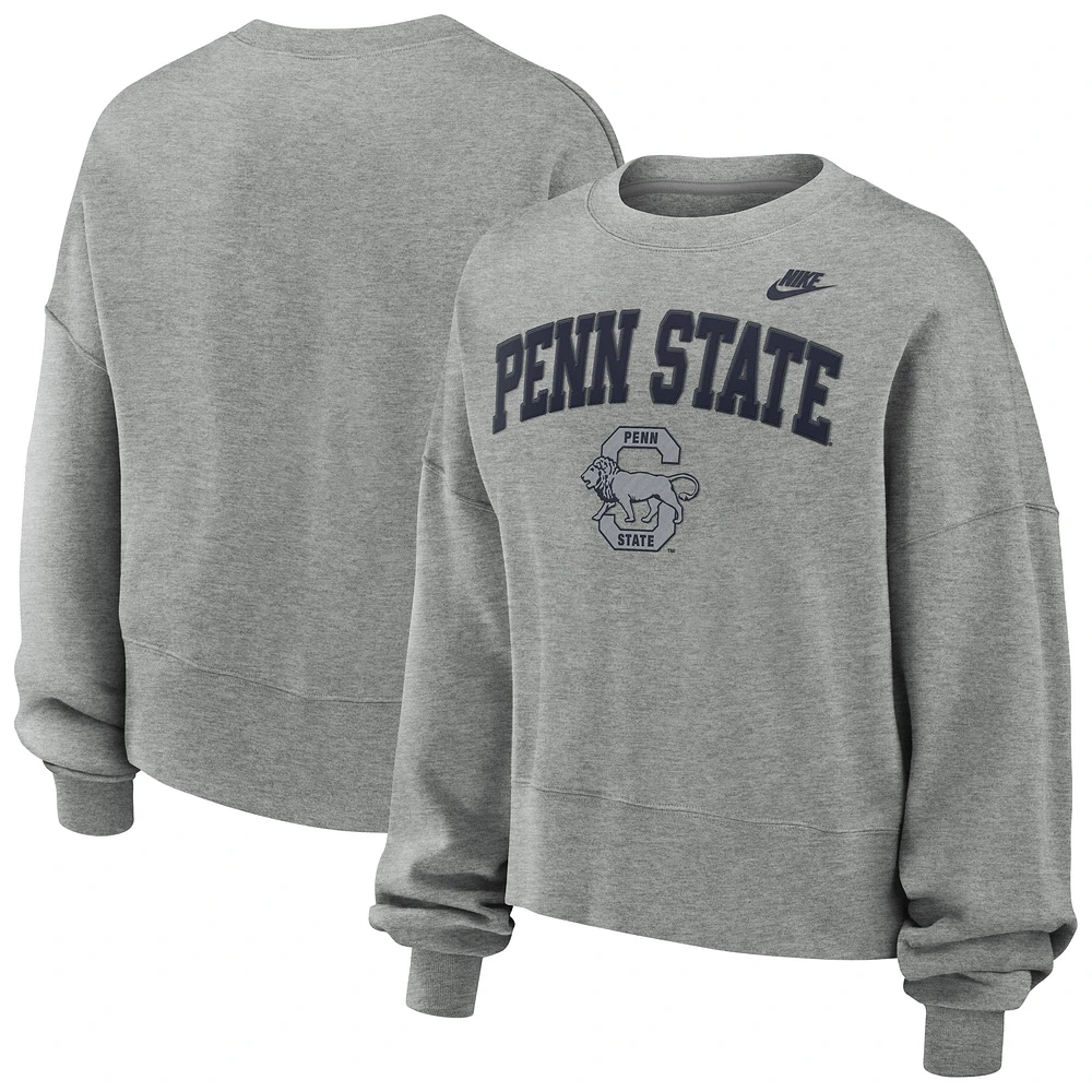 Sweat-shirt en molleton surdimensionné à col rond et manches longues pour femme Nike Penn State Nittany Lions Legacy Fleece Classic Arch Heather Grey