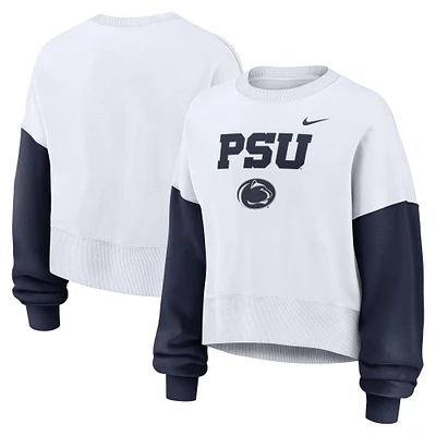 Women's Nike White Penn State Nittany Lions Color-Block Oversized Cropped Pullover Sweatshirt