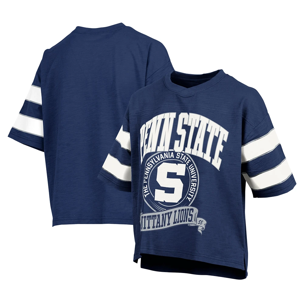 Women's Pressbox Navy Penn State Nittany Lions Emily Sleeve Stripe Slub T-Shirt