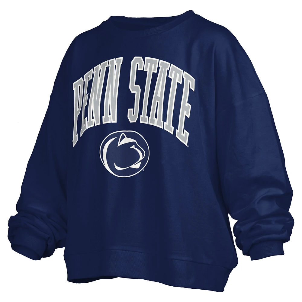 Women's Pressbox Navy Penn State Nittany Lions Janise Arch Over Logo Waist Length Oversized Pullover Sweatshirt