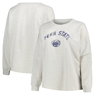 Women's Profile Oatmeal Penn State Nittany Lions Plus Distressed Arch Over Logo Neutral Boxy Pullover Sweatshirt