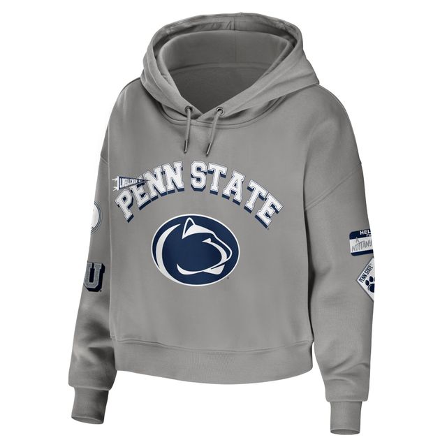 Women's WEAR by Erin Andrews Gris Penn State Nittany Lions Mixed Media Cropped Pullover Hoodie