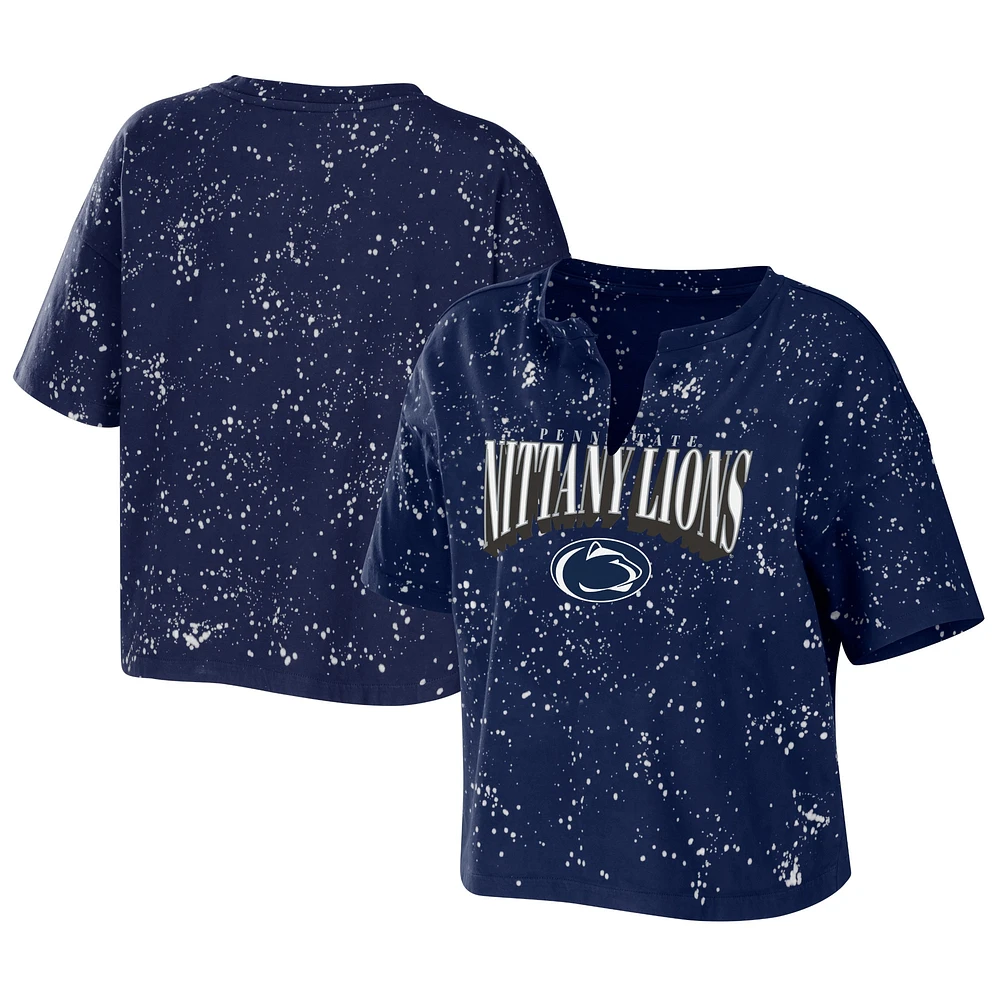 Women's WEAR by Erin Andrews Navy Penn State Nittany Lions Bleach Wash Splatter Cropped Notch Neck T-Shirt