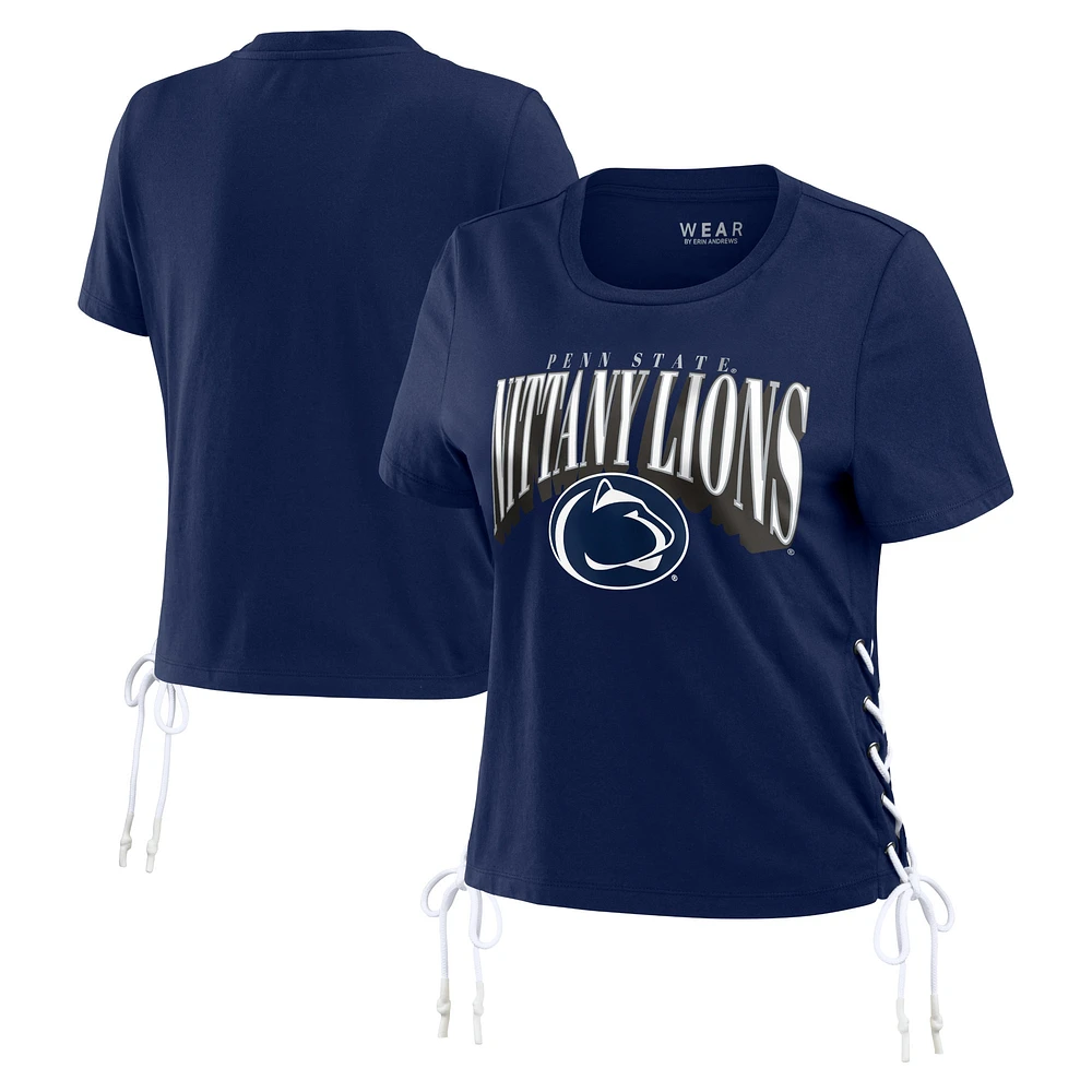 Women's WEAR by Erin Andrews Navy Penn State Nittany Lions Side Lace-Up Modest Crop T-Shirt