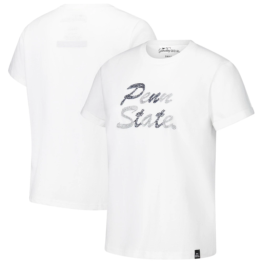 T-shirt blanc pour femme avec inscription en perles cousues à la main Penn State Nittany Lions