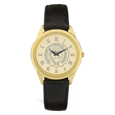 Pennsylvania Quakers Personalized Medallion Black Leather Wristwatch - Gold