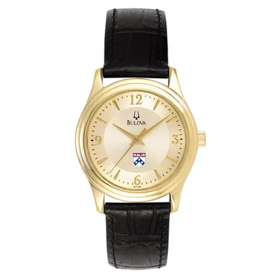 Pennsylvania Quakers Bulova Women's Stainless Steel Watch with Leather Band - Gold/Black