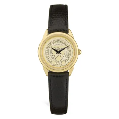 Pennsylvania Quakers Women's Personalized Gold Medallion Black Leather Wristwatch