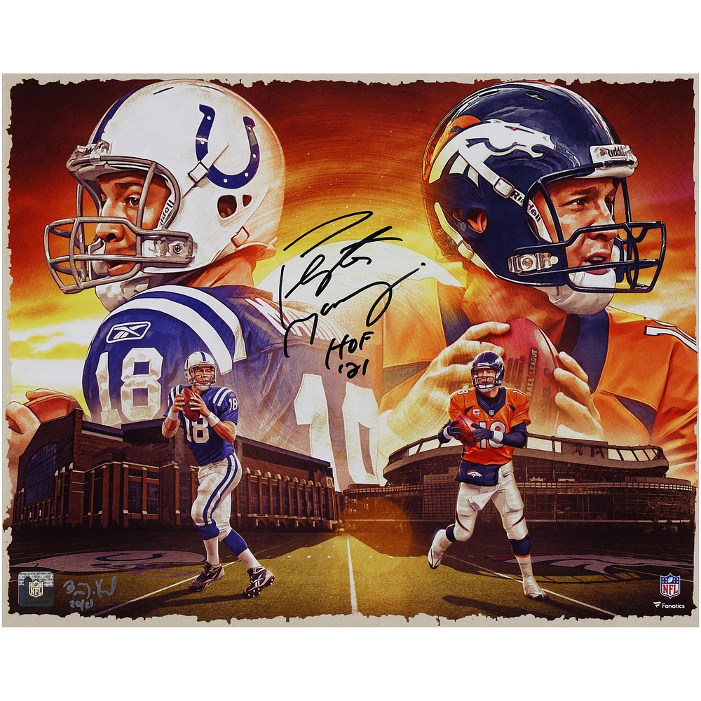 Impression photo autographiée de 16" x 20" de Peyton Manning Indianapolis Colts et Denver Broncos avec inscription "HOF 21" - Illustration de Brian Konnick - Édition limitée de 21