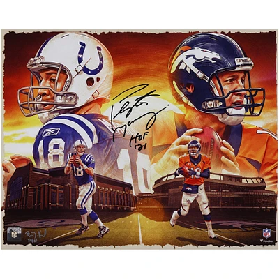 Impression photo autographiée de 16" x 20" de Peyton Manning Indianapolis Colts et Denver Broncos avec inscription "HOF 21" - Illustration de Brian Konnick - Édition limitée de 21