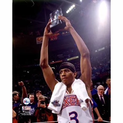 Allen Iverson Philadelphia 76ers Fanatics Authentic Unsigned Holding Up 1997 Rookie Game MVP Trophy Photograph