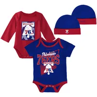 Philadelphia 76ers Mitchell & Ness Infant Hardwood Classics Bodysuits Cuffed Knit Hat Set - Royal/Red