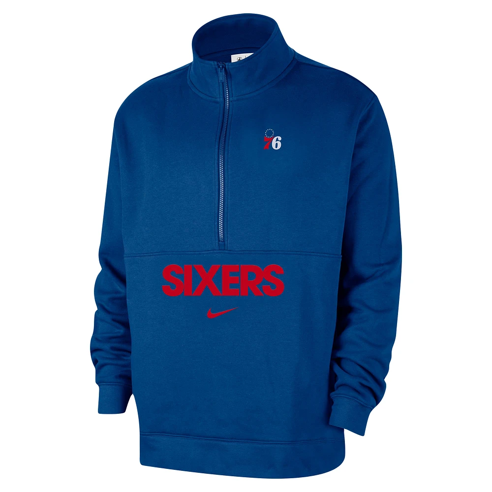 Men's Nike Blue Philadelphia 76ers Courtside Club Half-Zip Jacket
