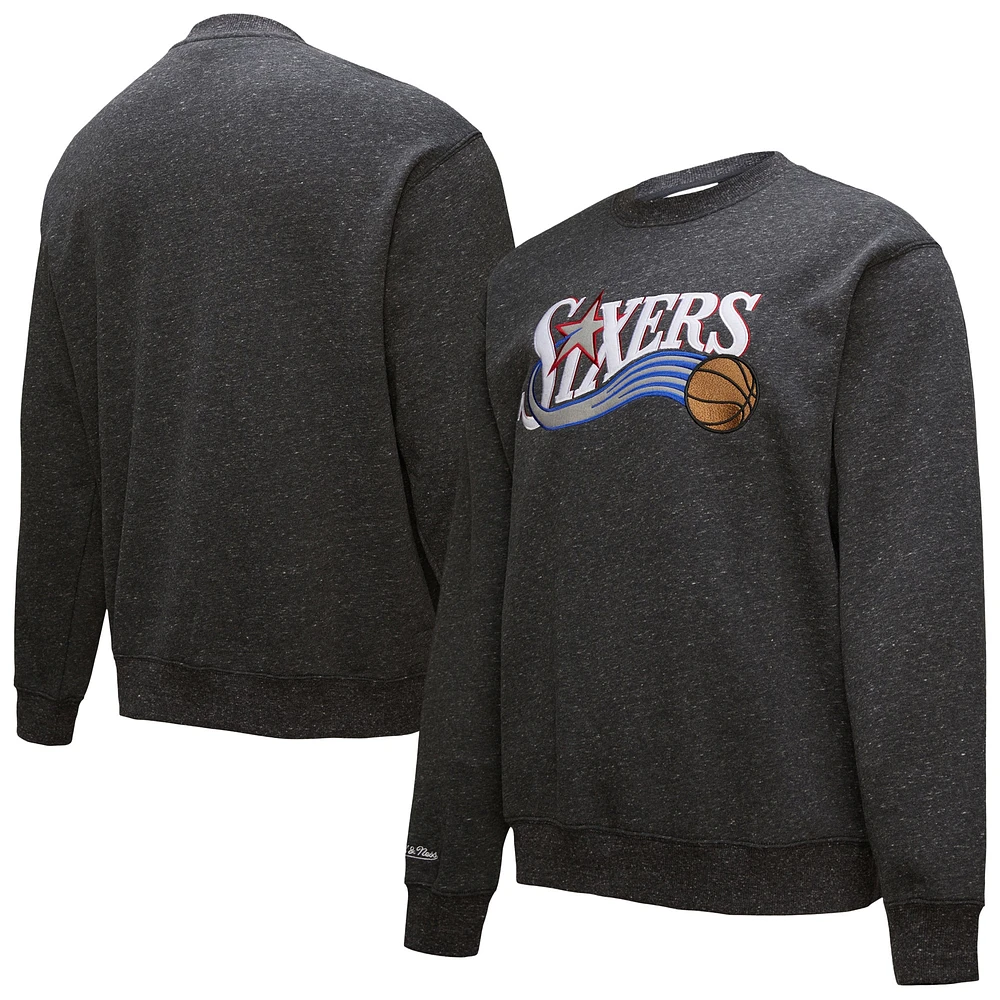 Men's Black Philadelphia 76ers Hardwood Classics Blackout Collection Snow Washed Pullover Sweatshirt