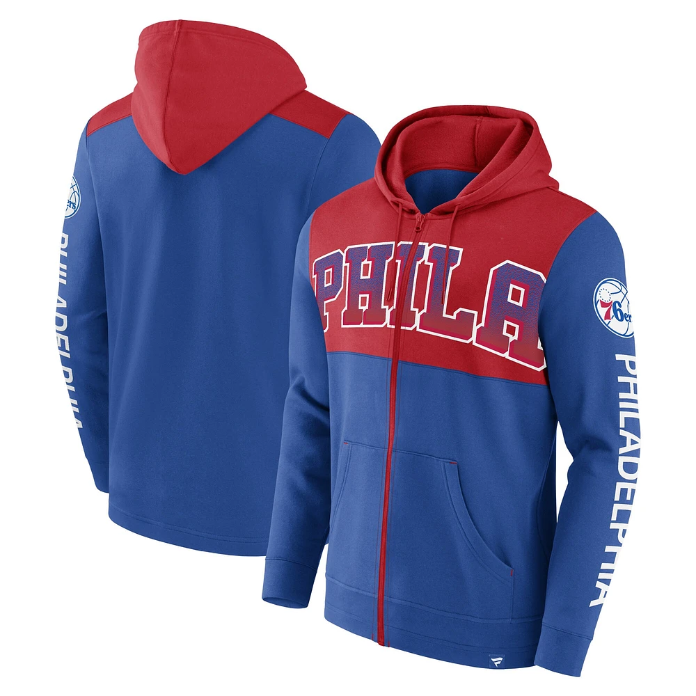 Sweat à capuche entièrement zippé Fanatics Royal/Rouge Philadelphia 76ers Skyhook Colorblock pour hommes