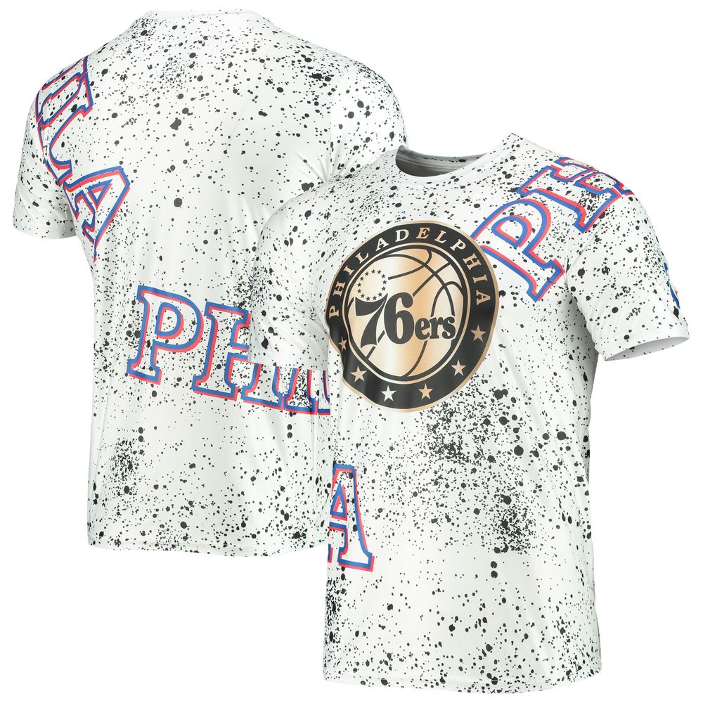 Men's FISLL White Philadelphia 76ers Gold Foil Splatter Print T-Shirt