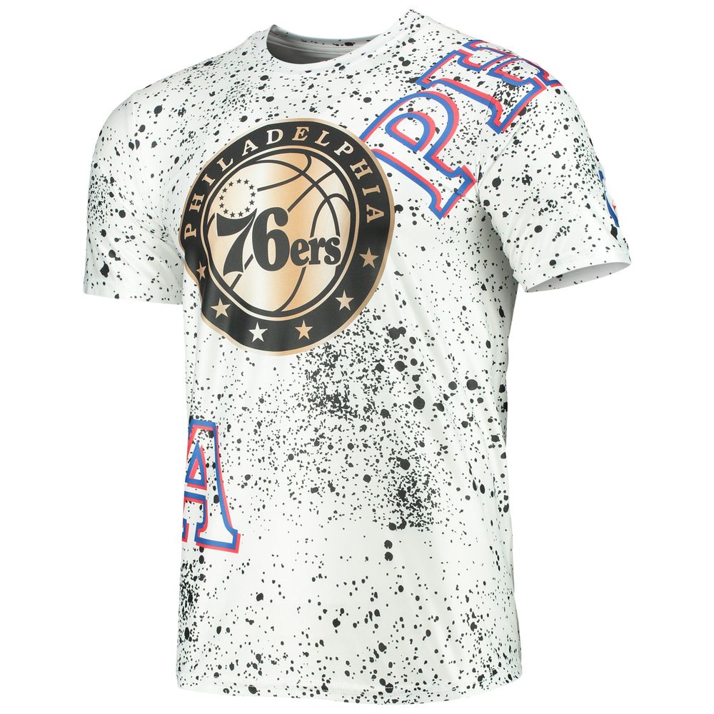 Men's FISLL White Philadelphia 76ers Gold Foil Splatter Print T-Shirt