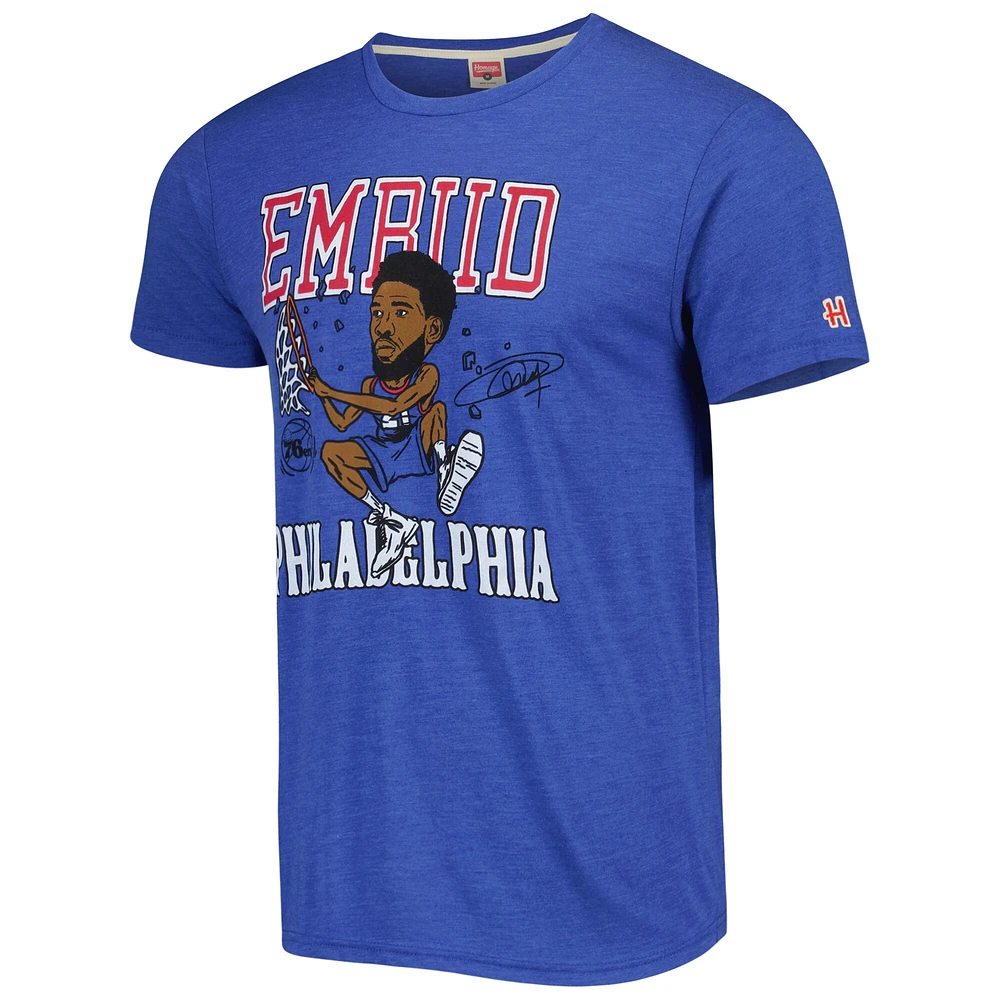 Hommage Joel Embiid Royal Philadelphia 76ers Caricature T-shirt triple mélange pour homme