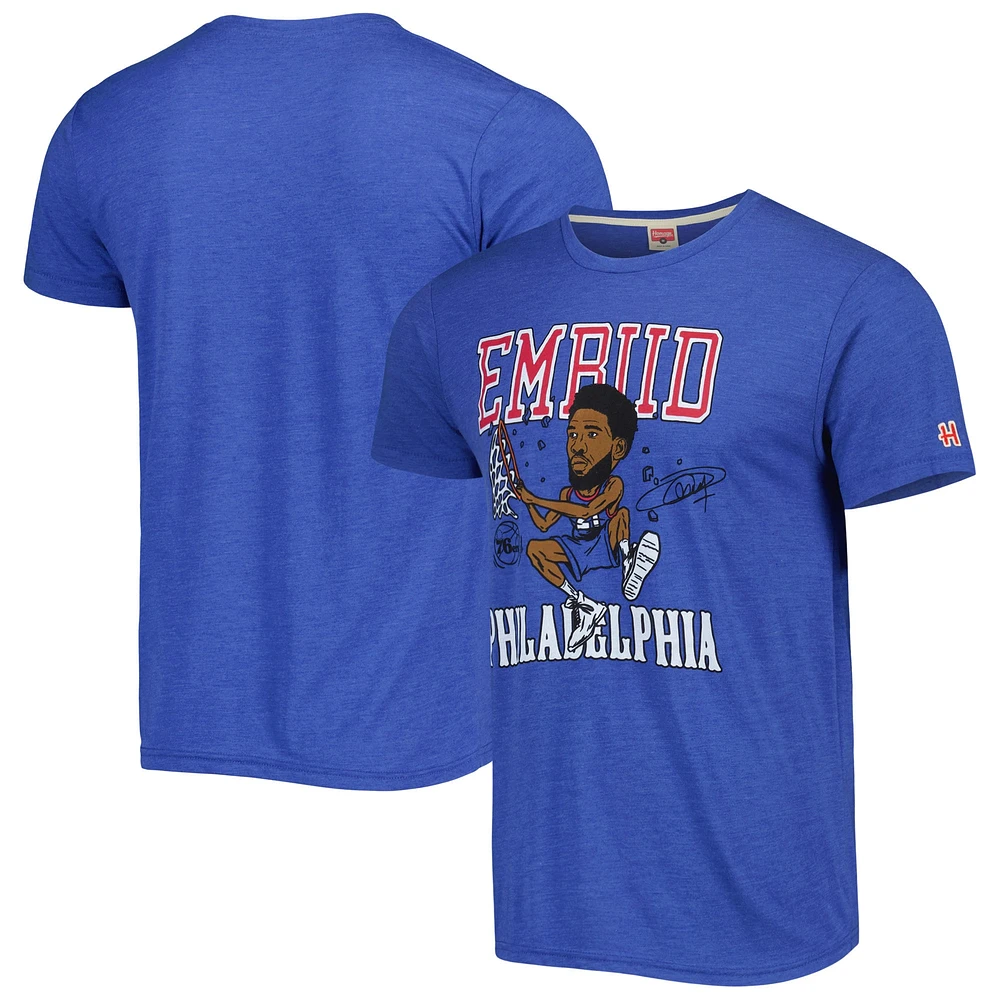 Hommage Joel Embiid Royal Philadelphia 76ers Caricature T-shirt triple mélange pour homme