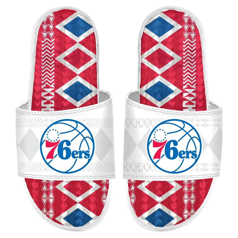 Men's ISlide White Philadelphia 76ers Shooting Touch Rwanda Pattern Gel Slide Sandals