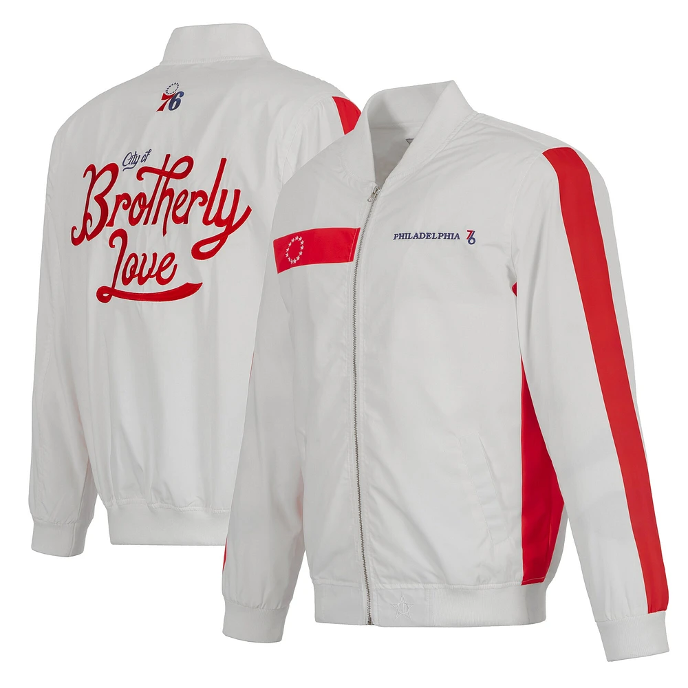 Blouson aviateur en nylon entièrement zippé Philadelphia 76ers 2022/23 City Edition pour homme JH Design, blanc