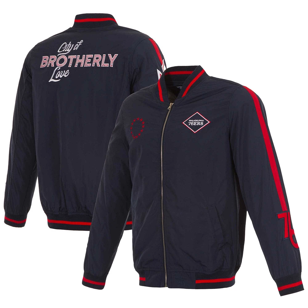 Blouson aviateur entièrement zippé en nylon JH Design pour hommes des Philadelphia 76ers 2023/24 City Edition