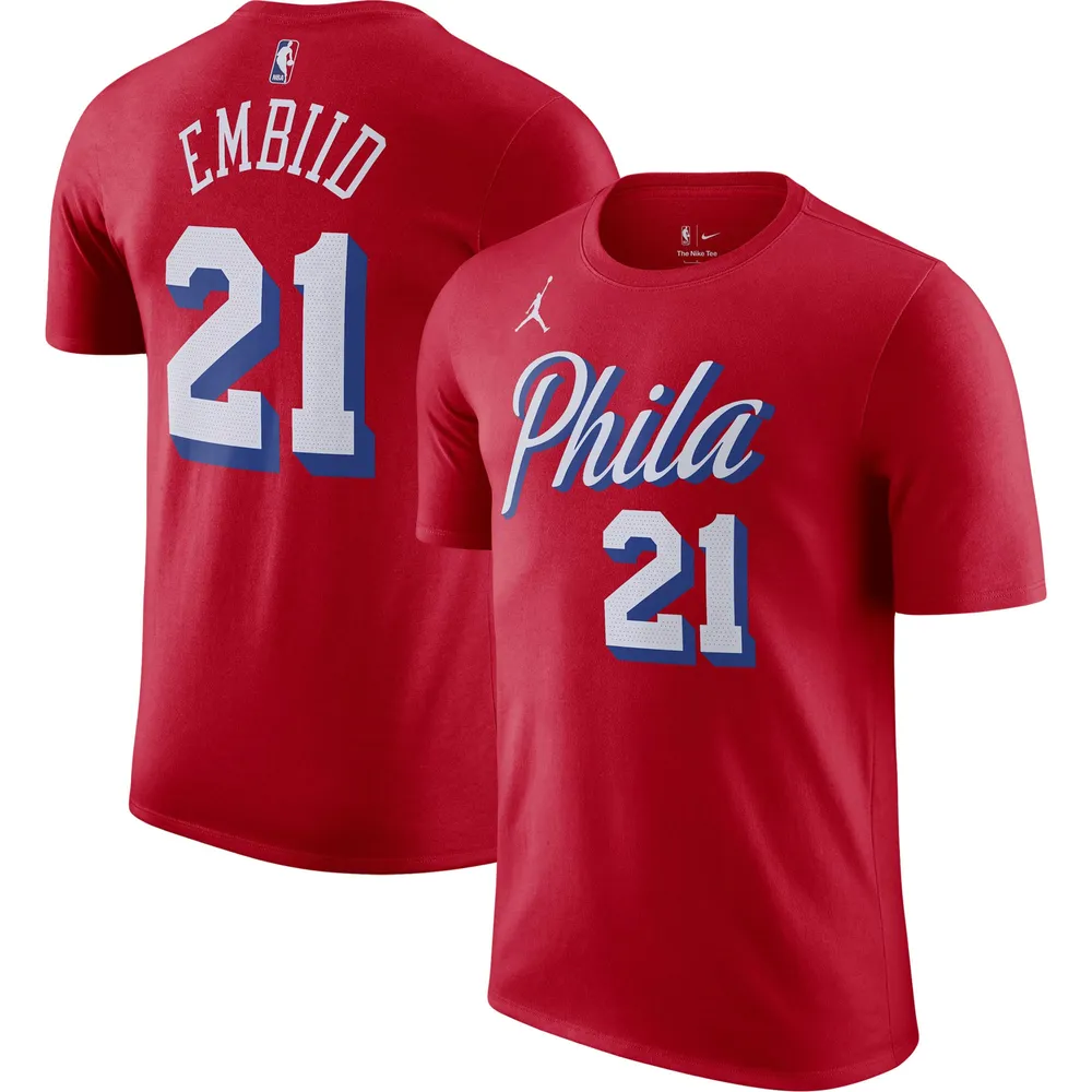 Men's Jordan Brand Joel Embiid Red Philadelphia 76ers 2022/23 Statement Edition Name & Number T-Shirt