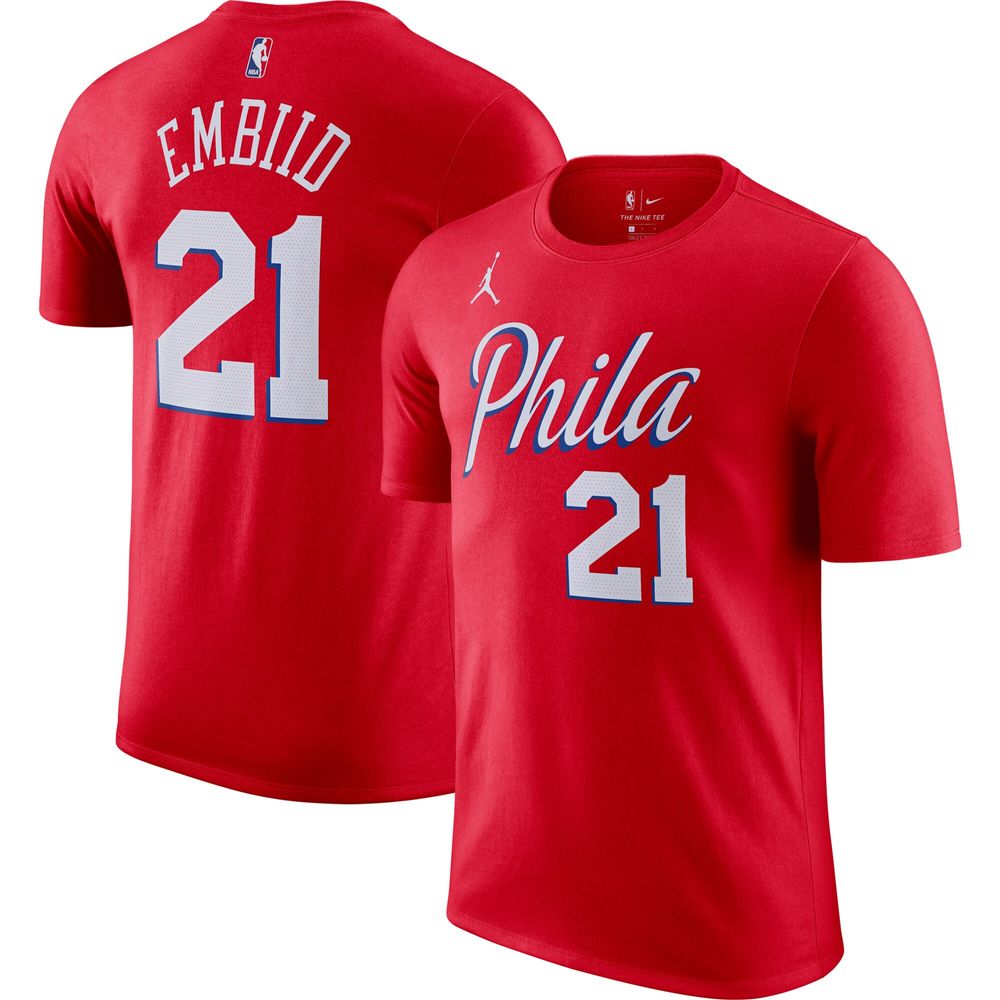 Men's Jordan Brand Joel Embiid Red Philadelphia 76ers Essential Statement Name & Number - T-Shirt