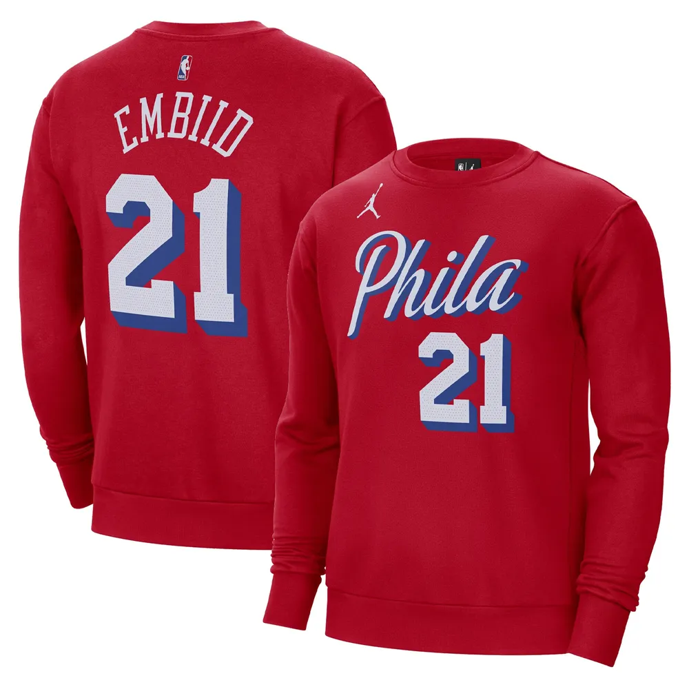 Men's Jordan Brand Joel Embiid Red Philadelphia 76ers Statement Name & Number Pullover Sweatshirt