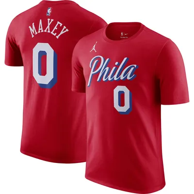 Men's Jordan Brand Tyrese Maxey Red Philadelphia 76ers 2022/23 Statement Edition Name & Number T-Shirt