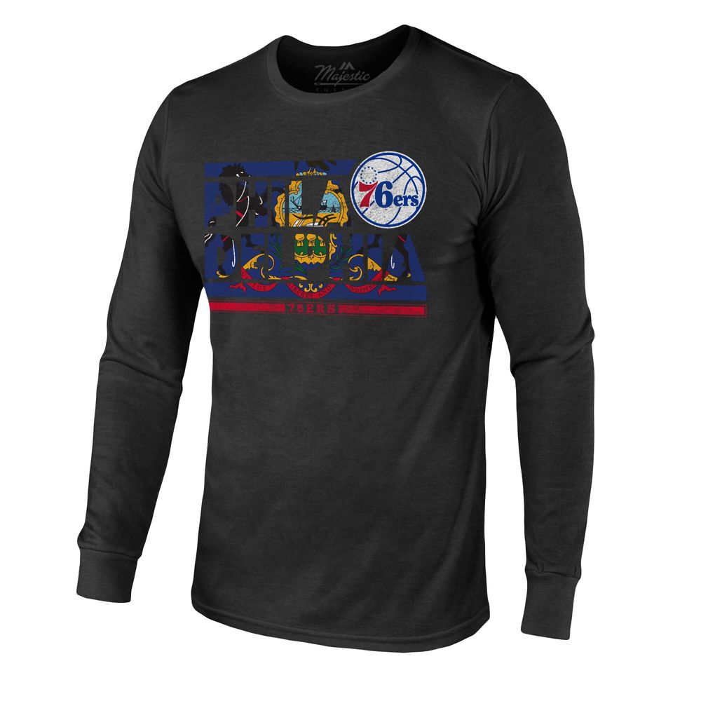 Men's Majestic Threads Black Philadelphia 76ers City and State Tri-Blend Long Sleeve T-Shirt