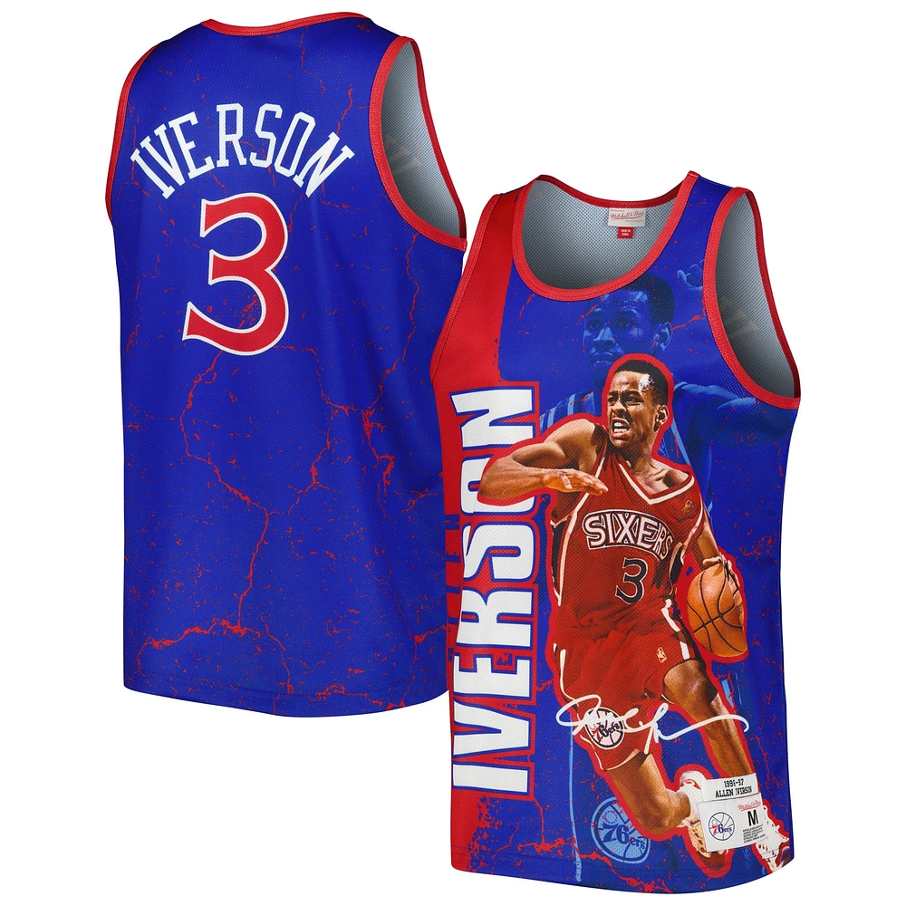 Débardeur pour homme Mitchell & Ness Allen Iverson Royal Philadelphia 76ers 1996-97 Hardwood Classics Player Burst