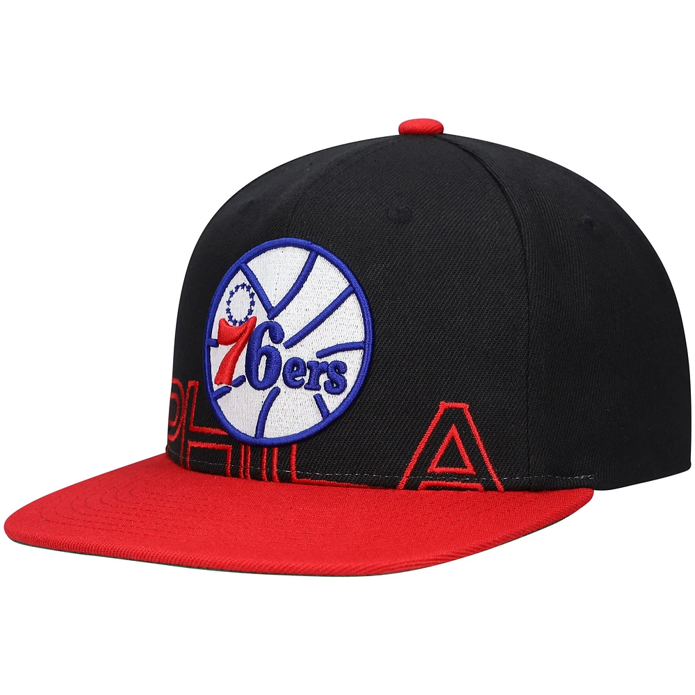 Mitchell & Ness pour homme noir/rouge Philadelphia 76ers Hardwood Classics Low Big Face Snapback Hat