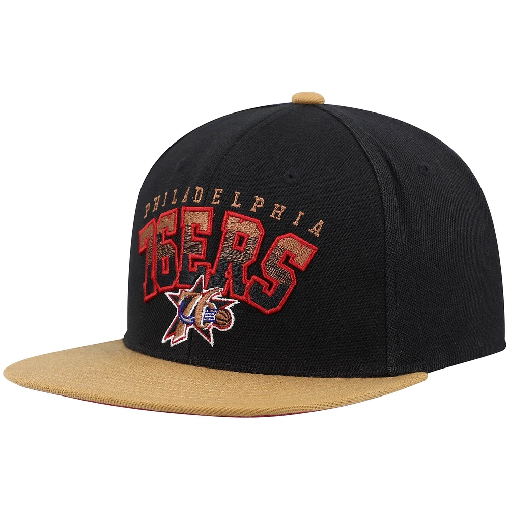 Men's Mitchell & Ness Black/Tan Philadelphia 76ers Hardwood Classics Gradient Wordmark Snapback Hat