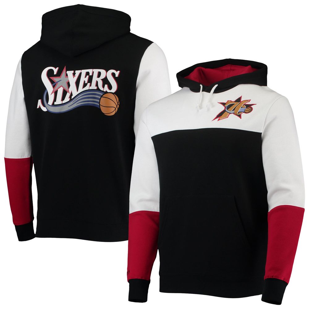 Men's Mitchell & Ness Black/White Philadelphia 76ers Hardwood Classics Fusion 2.0 Colorblock - Pullover Hoodie