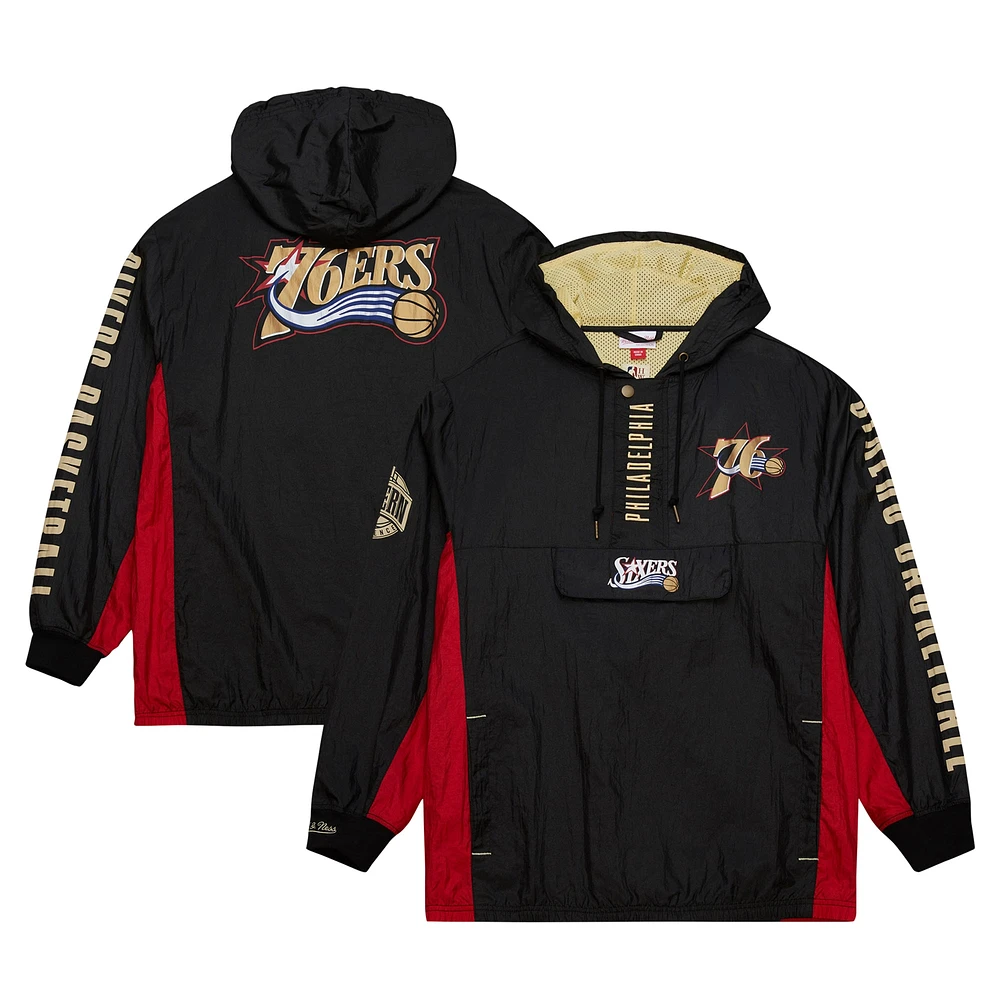 Men's Mitchell & Ness Black Philadelphia 76ers Big Tall Hardwood Classics Team OG 2.0 Anorak Hoodie Quarter-Zip Windbreaker Jacket