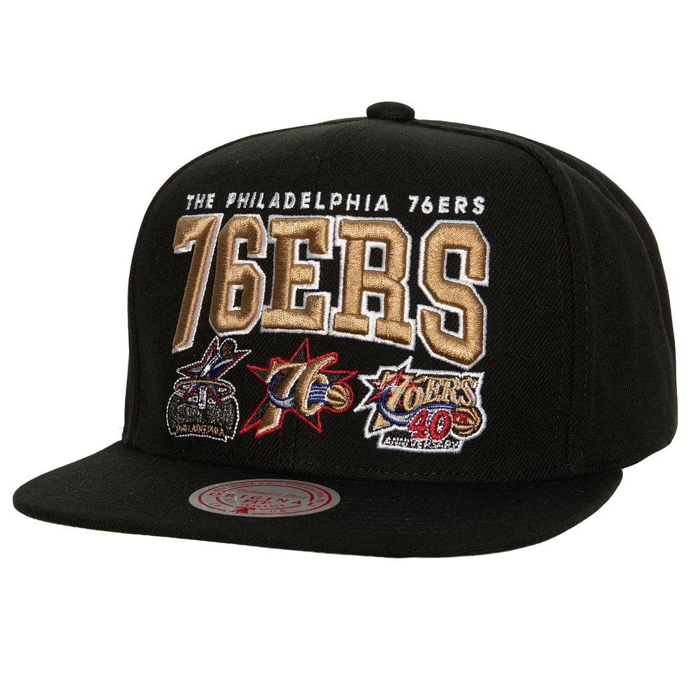 Casquette pour homme Mitchell & Ness noire Philadelphia 76ers Champ Stack Snapback