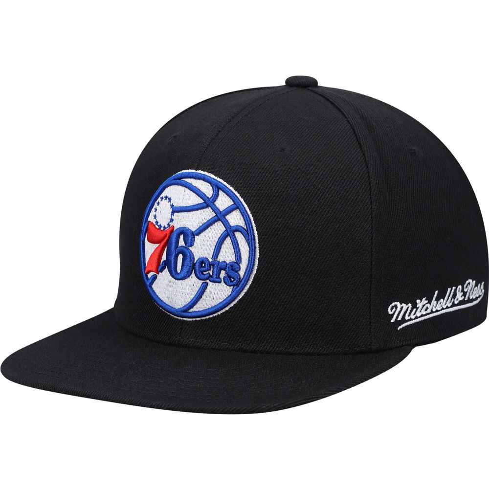 Men's Mitchell & Ness Black Philadelphia 76ers English Dropback - Snapback Hat