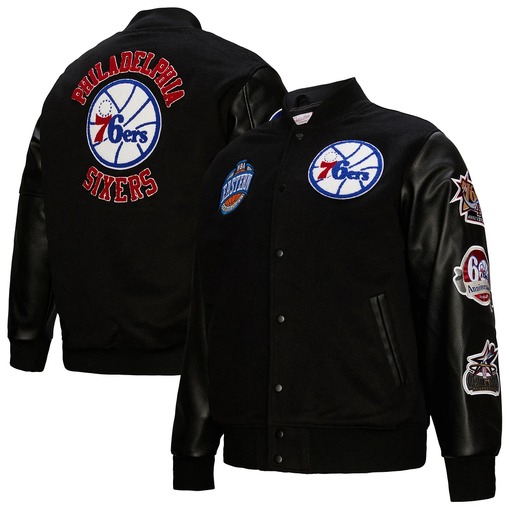 Men's Mitchell & Ness  Black Philadelphia 76ers Hardwood Classics Blackout Collection Full-Snap Varsity Jacket