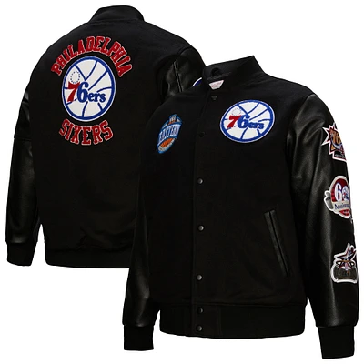 Men's Mitchell & Ness  Black Philadelphia 76ers Hardwood Classics Blackout Collection Full-Snap Varsity Jacket