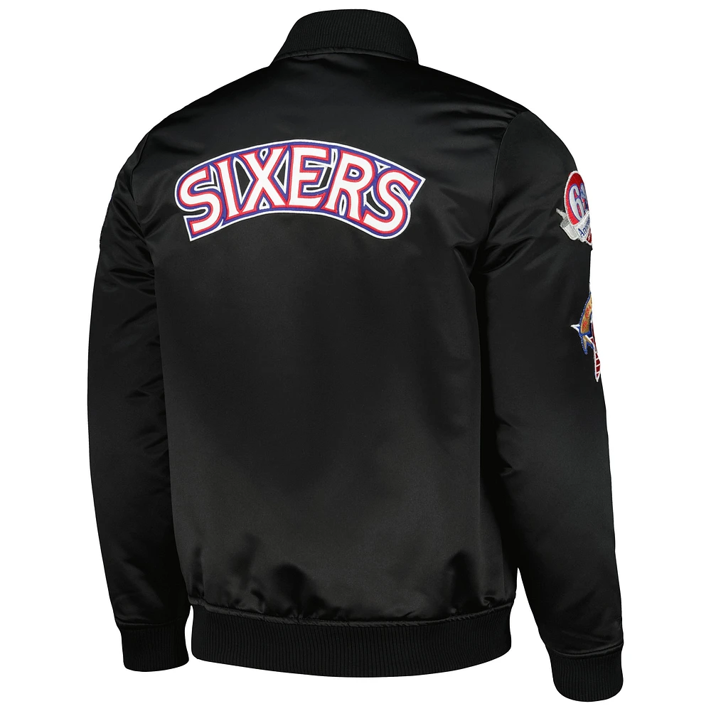 Men's Mitchell & Ness Black Philadelphia 76ers Hardwood Classics Retro Satin Full-Zip Jacket