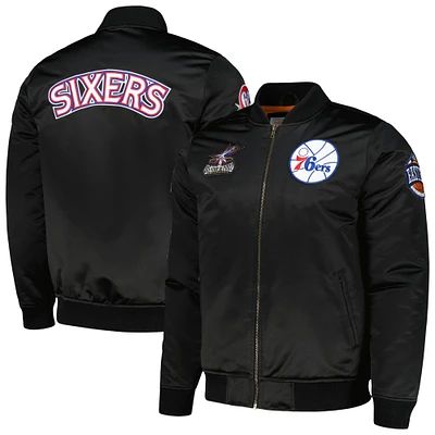 Veste noire à fermeture éclair intégrale en satin rétro Mitchell & Ness Philadelphia 76ers Hardwood Classics pour hommes