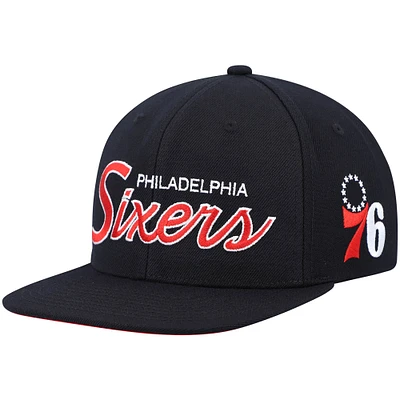 Men's Mitchell & Ness Black Philadelphia 76ers Hardwood Classics Script 2.0 Snapback Hat