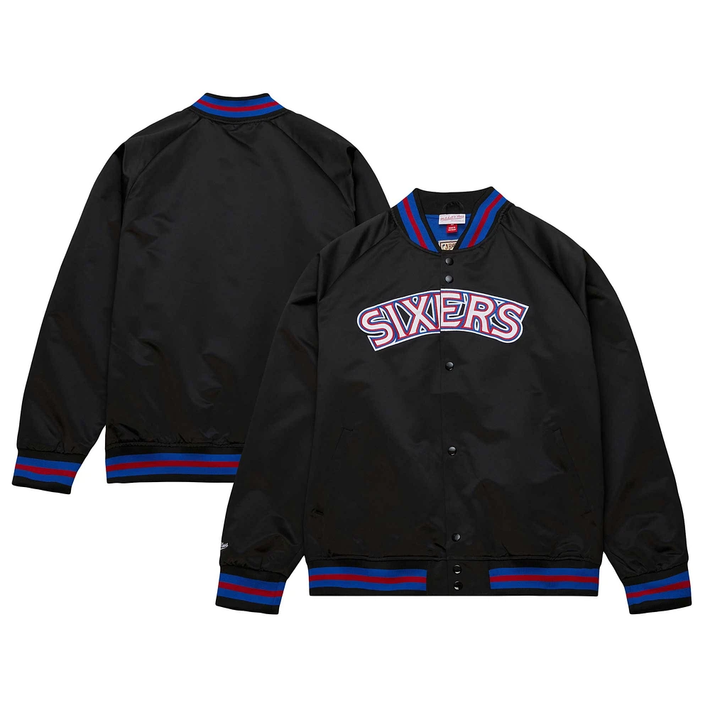 Men's Mitchell & Ness Black Philadelphia 76ers Hardwood Classics  Throwback Wordmark Raglan Full-Snap Jacket