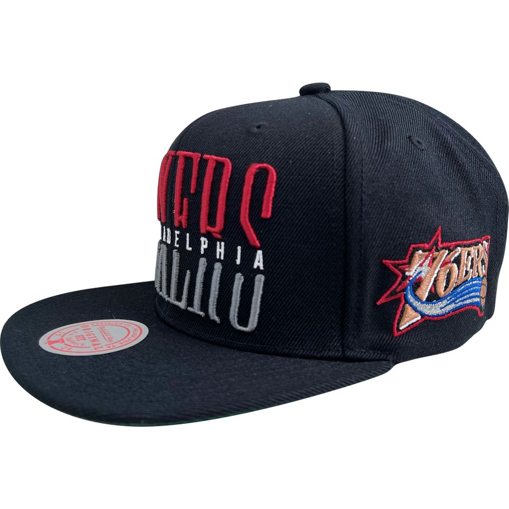 Men's Mitchell & Ness Black Philadelphia 76ers Hardwood Classics Wordstack - Snapback Hat