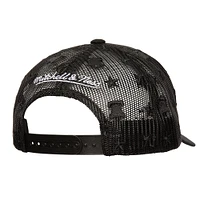 Men's Mitchell & Ness Black Philadelphia 76ers Monogram Allover Logo Mesh Trucker Adjustable Hat