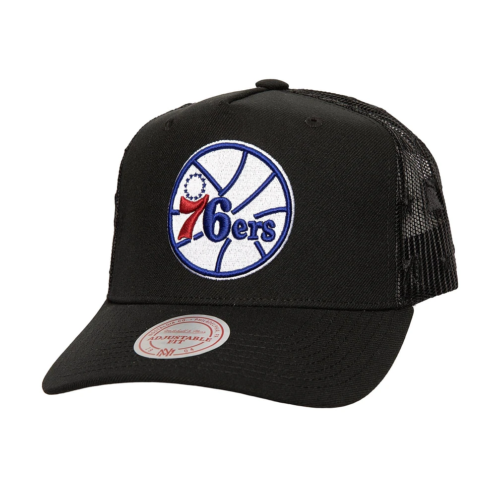 Men's Mitchell & Ness Black Philadelphia 76ers Monogram Allover Logo Mesh Trucker Adjustable Hat